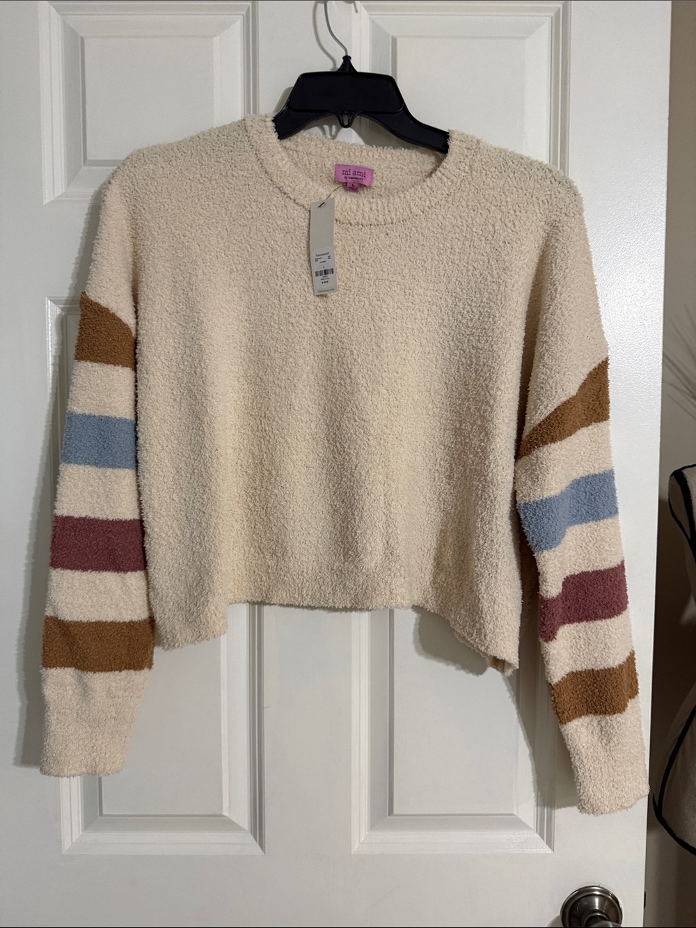 Francesca's Collections Cream Bouclé Crewneck Sweater with Multicolor Stripes